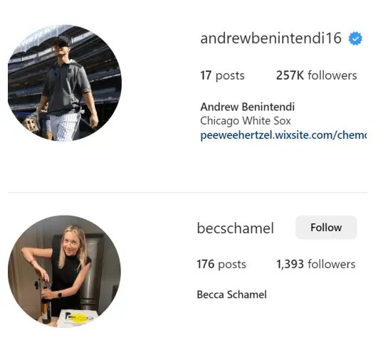 Instagram profiles of couple, @andrewbenintendi16 and @becschamel 